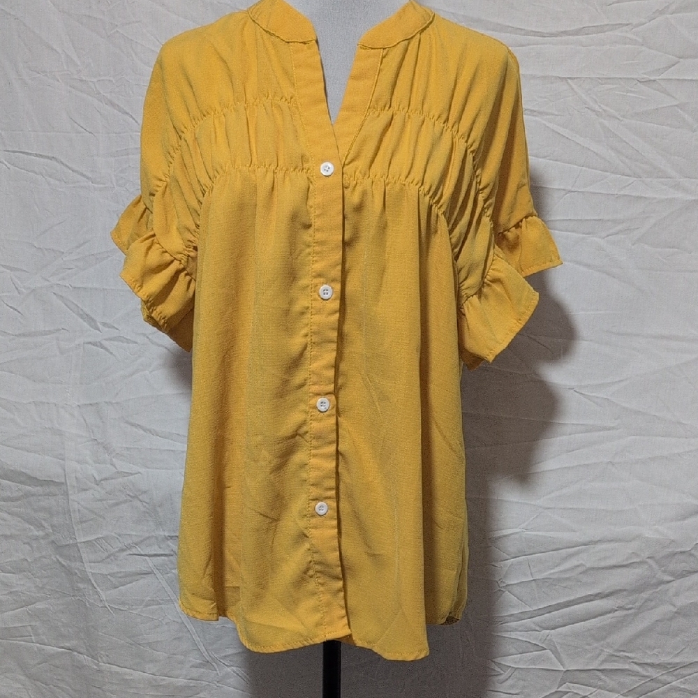 SHEIN Yellow Button-Front Ruffle Sleeve Blouse